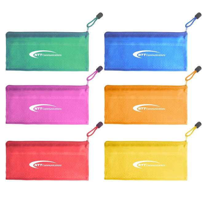 A6 zippered pouch available in green, blue, pink, orange, and yellow, featuring a branding logo on each.