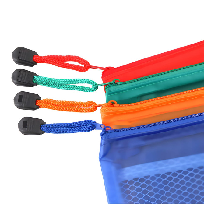 A set of A6 zippered pouches in blue, orange, green, and red with braided zipper pulls. Each pouch has a logo.