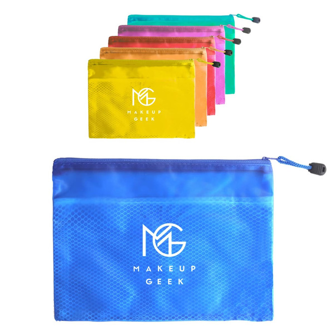 A series of zippered pouch bags in vibrant colours: yellow, pink, orange, and blue, each featuring a logo.