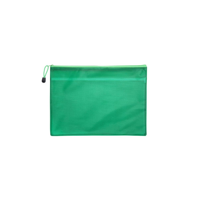 A green zippered pouch bag with a textured surface, featuring a drawstring closure and a branding logo.