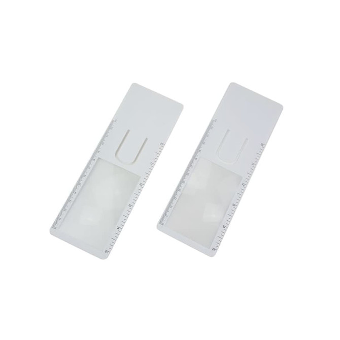 A clear magnifying bookmark with a ruler, featuring a simple design in white. It includes a logo on the surface.