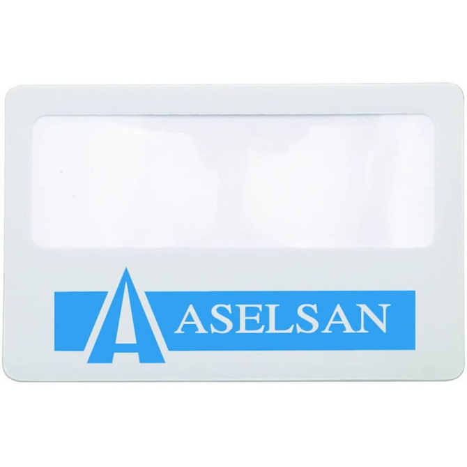 A PVC magnifier card featuring a clear magnifying window and a blue logo on a white background.