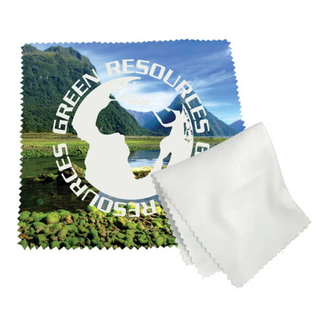A microfibre lens cloth featuring a nature scene and a white cleaning cloth, both with a logo.