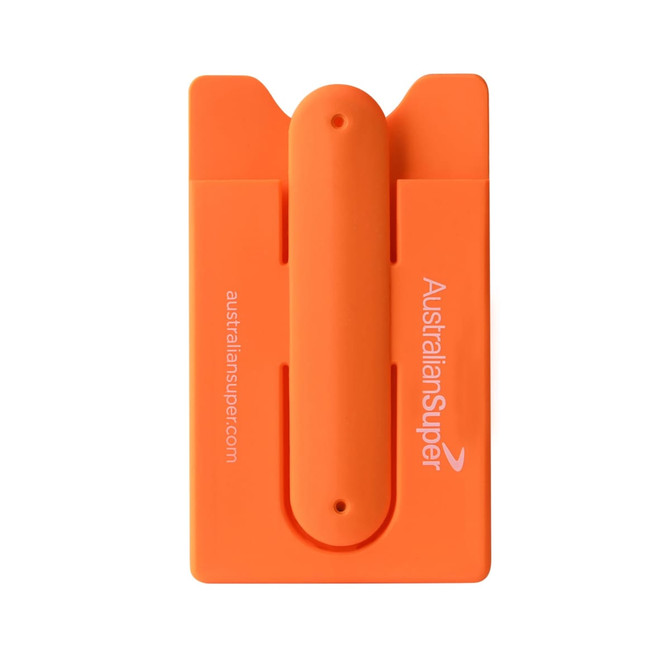 An orange Smart Wallet Stand featuring a logo, designed to hold phones and cards securely. An orange Smart Wallet Stand featuring a logo, designed to hold phones and cards securely.