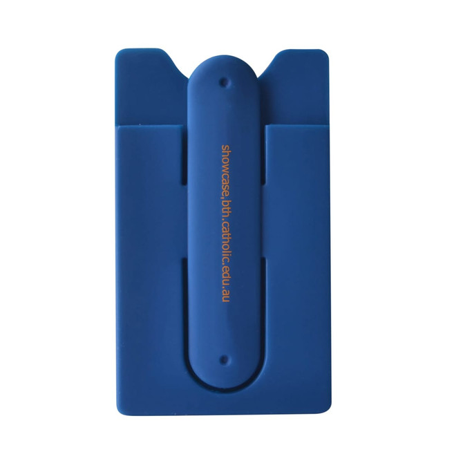 A blue Smart Wallet Stand featuring a logo, designed to hold a phone and cards securely. A blue Smart Wallet Stand featuring a logo, designed to hold a phone and cards securely.