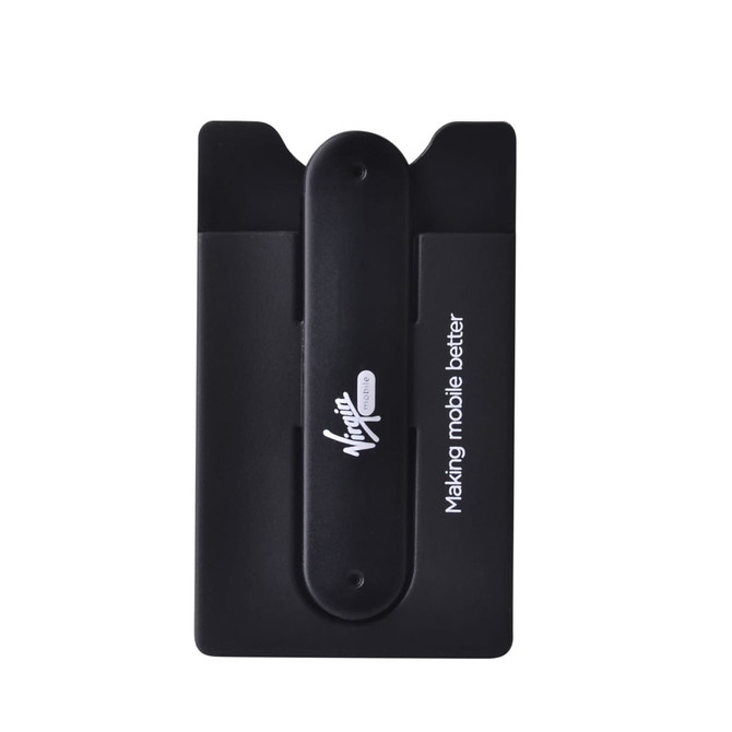 A black Smart Wallet Stand with a logo, designed to hold cards on the back of a phone. A black Smart Wallet Stand with a logo, designed to hold cards on the back of a phone.