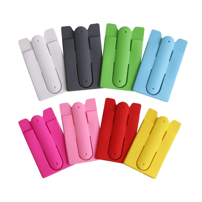 A collection of Smart Wallet Stands in various colours: white, grey, green, blue, pink, red, and yellow, all with minimalist designs. A collection of Smart Wallet Stands in various colours: white, grey, green, blue, pink, red, and yellow, all with minimalist designs.