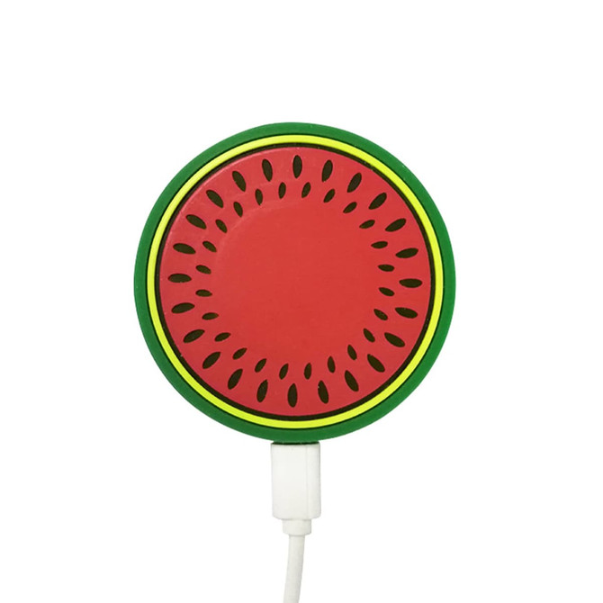 A custom-shaped PVC wireless charger designed as a watermelon slice, featuring red and green colours with a logo.