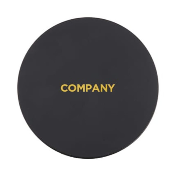 A black wireless charger with a round shape and a gold logo in the centre.