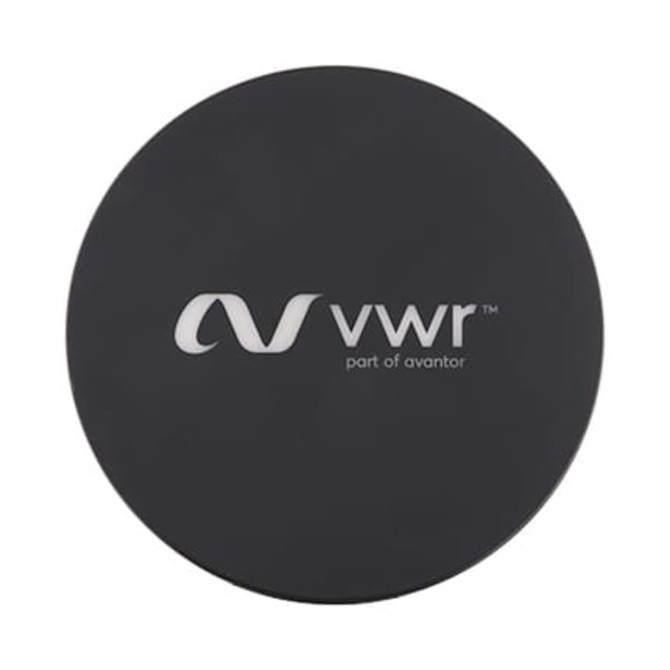 A black circular wireless charger featuring a logo on its surface.