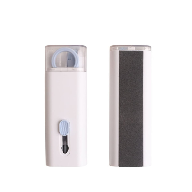 A white 7-in-1 cleaning kit featuring different tools, including a blue roller and a textured surface for cleaning.