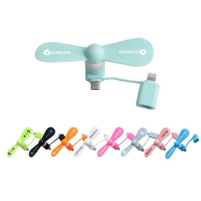 A collection of small, colourful smartphone fans in various shades, including mint green, orange, pink, and black, with a logo.