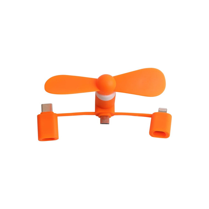 An orange 3 in 1 smart phone fan with connectors for multiple device types. It has a compact, lightweight design.