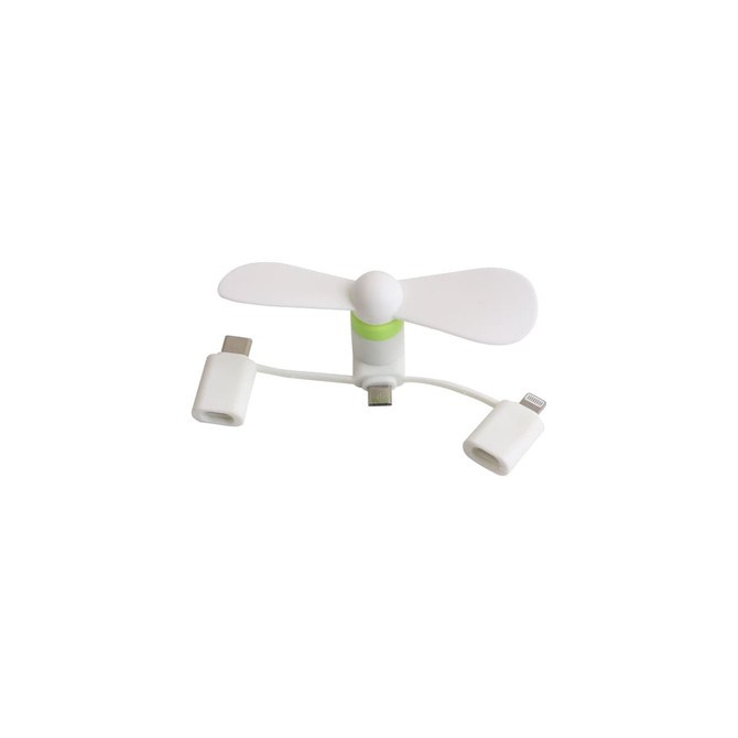 A compact white smartphone fan with green accents, featuring connectors for different phone types and a small propeller.