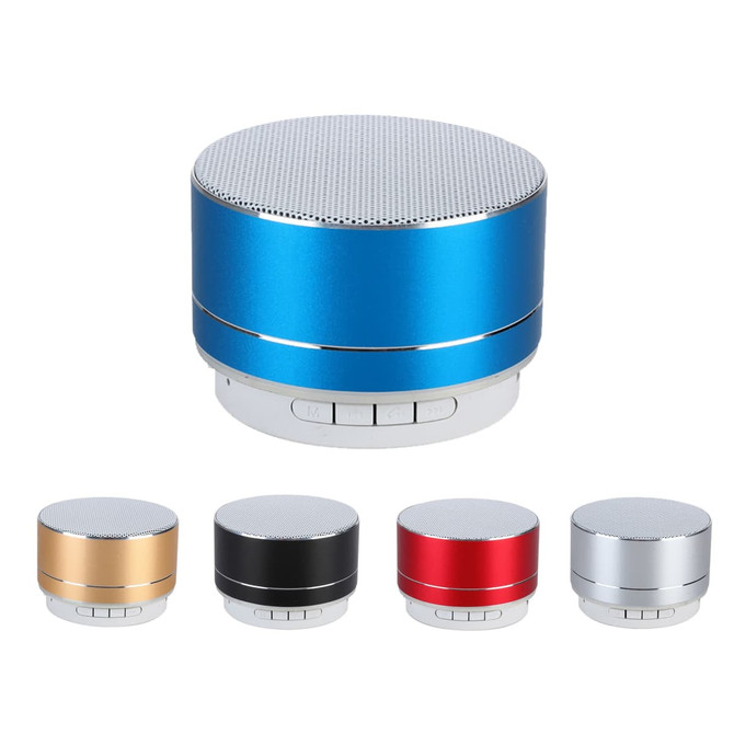 A Bluetooth speaker in blue, with additional options in gold, black, red, and silver. Features a logo.