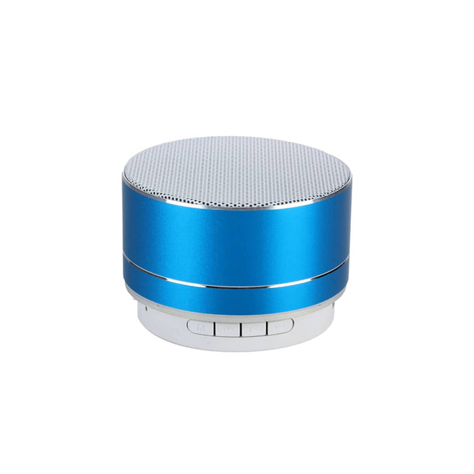 A blue metal Bluetooth speaker with a silver mesh top and control buttons on the base.