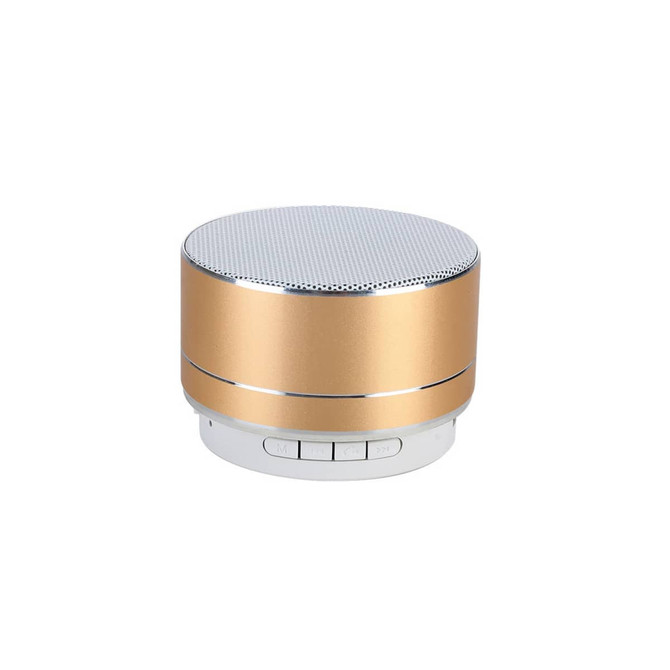 A gold Bluetooth speaker with a silver mesh top and control buttons on the base, featuring a sleek design.