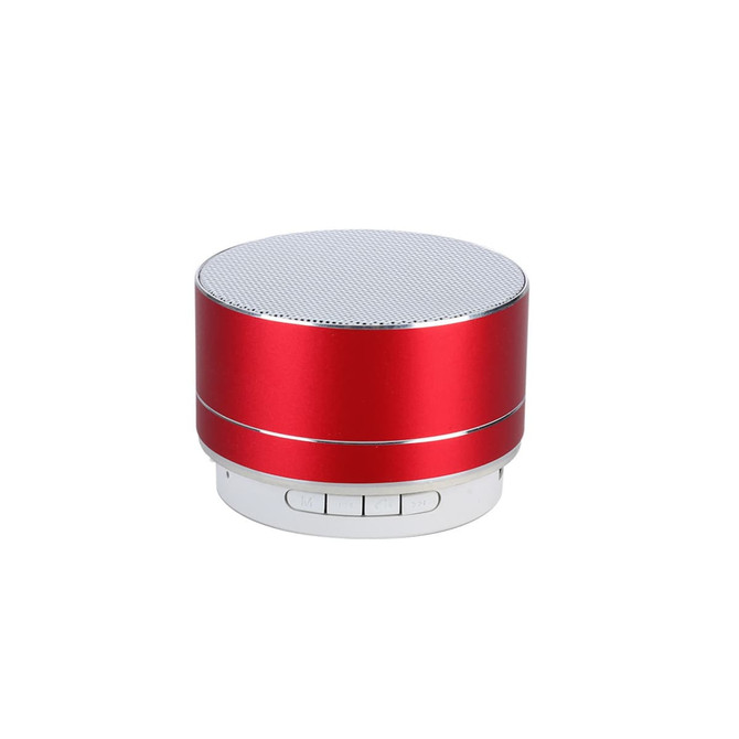 A red metal Bluetooth speaker with a silver mesh top and control buttons on the base.