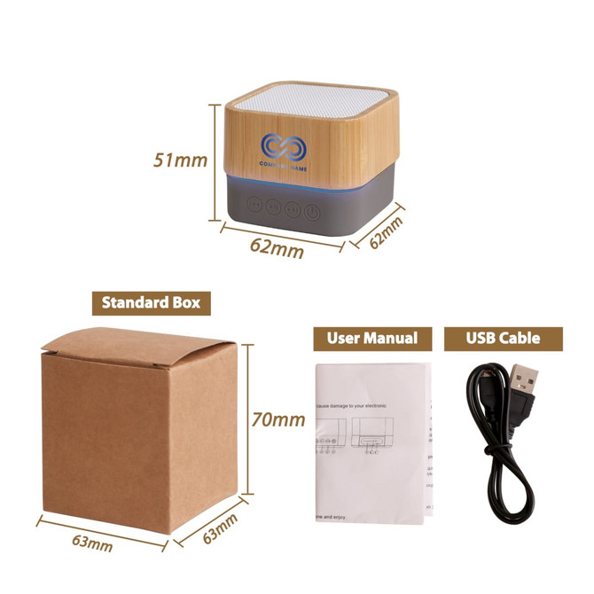 A bamboo Bluetooth wireless speaker in a standard box, accompanied by a user manual and USB cable. Features grey accents.
