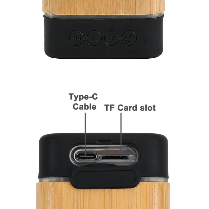 A bamboo Bluetooth wireless speaker with a black base, featuring buttons and ports for Type-C cable and TF card.