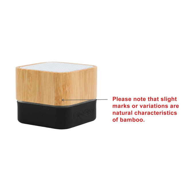 A bamboo Bluetooth wireless speaker featuring a black base and a textured top, showcasing natural bamboo variations.