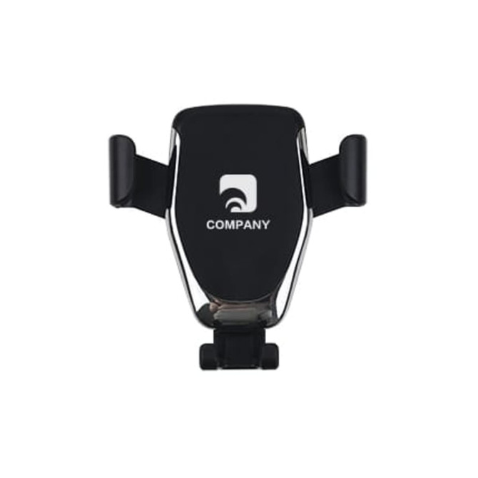 A black wireless car charger with a holder and an accompanying logo.