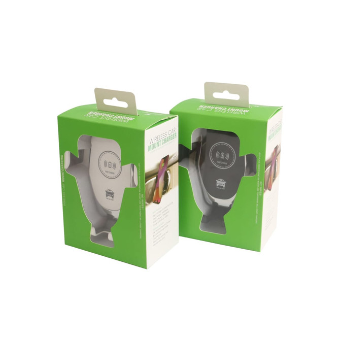 A wireless car charger packaged in green and white boxes, featuring a logo on each.