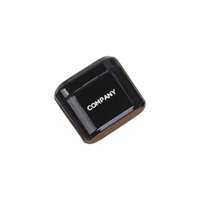 A black charging case for wireless earbuds with a simple logo. The design is sleek and modern.