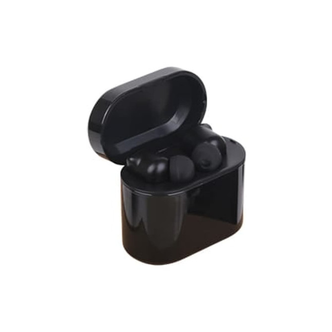 A black luxury cube case with true wireless earbuds inside, featuring a sleek design and a subtle logo.