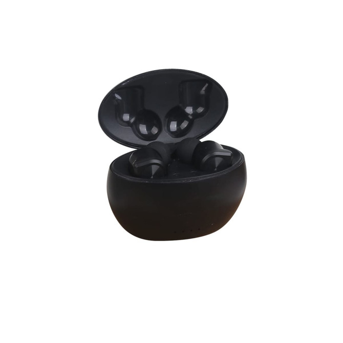 A set of black luxury round true wireless earbuds in an open charging case. The case has a smooth, rounded design.