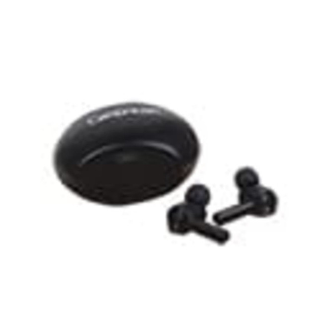 Luxury round true wireless earbuds in black, accompanied by a matching charging case that features a logo.