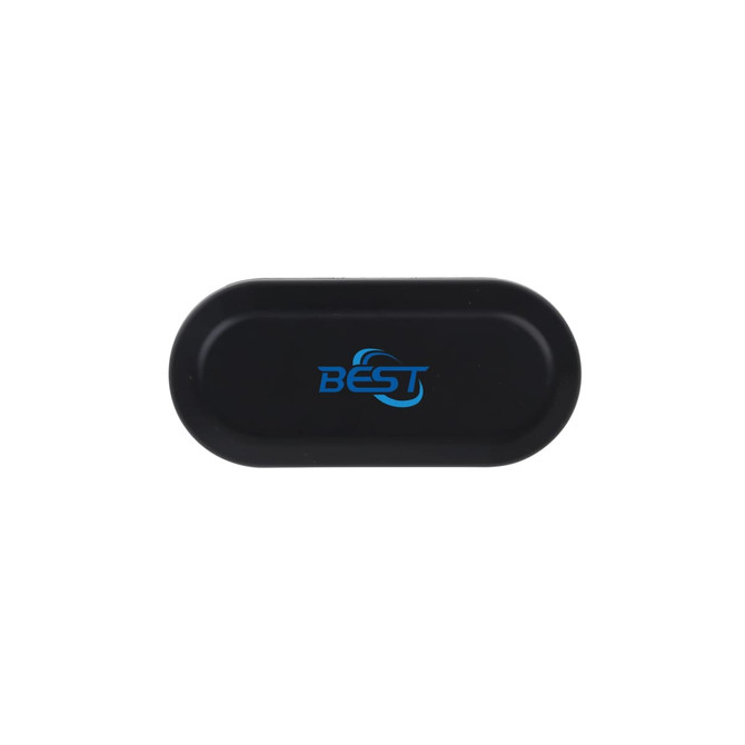A black case for wireless earbuds with a logo featured prominently on the top.