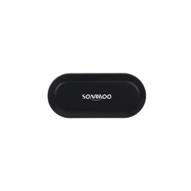 A black charging case for wireless earbuds with a branding logo on the top.