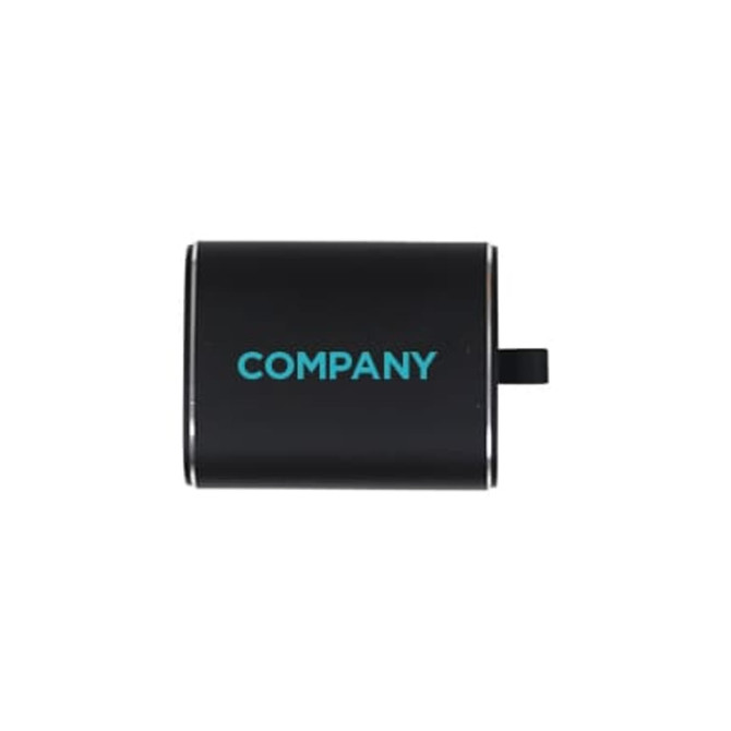 A black charging case with a logo, designed for storing and charging true wireless earbuds.