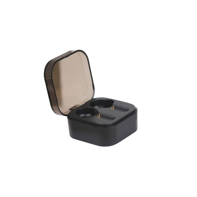 A black charging case with a transparent lid, housing two true wireless earbuds inside.
