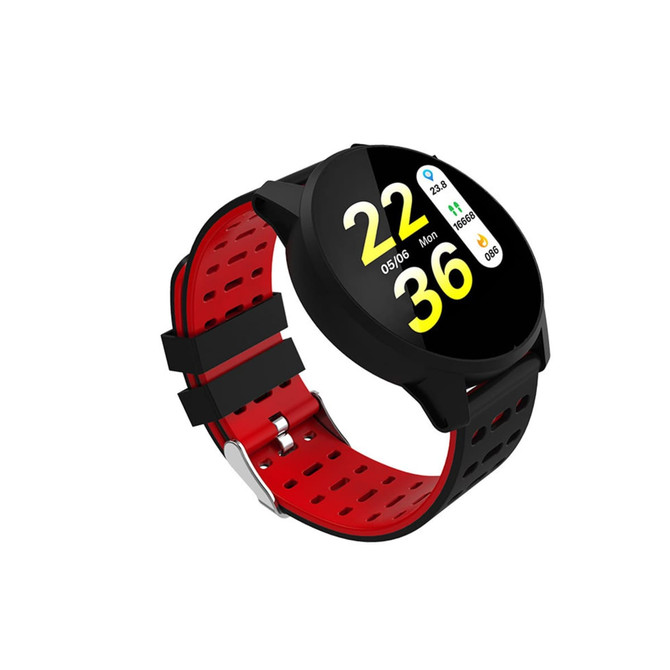 A round smart watch with a black body and a red silicone strap, featuring a digital display with various metrics. A round smart watch with a black body and a red silicone strap, featuring a digital display with various metrics.