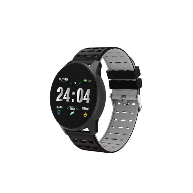 A black round smart watch with a digital display and a perforated strap. It features various icons and functions. A black round smart watch with a digital display and a perforated strap. It features various icons and functions.