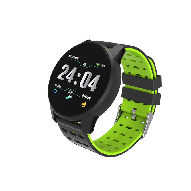 A round black smart watch with a green strap, featuring a digital display showing time and fitness metrics. A round black smart watch with a green strap, featuring a digital display showing time and fitness metrics.
