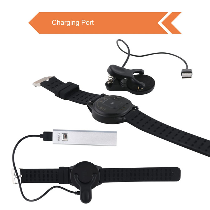 A round black smart watch with a charging port and a cable, featuring a black strap and a logo. A round black smart watch with a charging port and a cable, featuring a black strap and a logo.