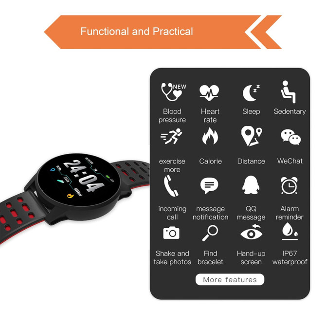 A round black smart watch with a red and black strap, featuring various icons for functionalities and a logo. A round black smart watch with a red and black strap, featuring various icons for functionalities and a logo.