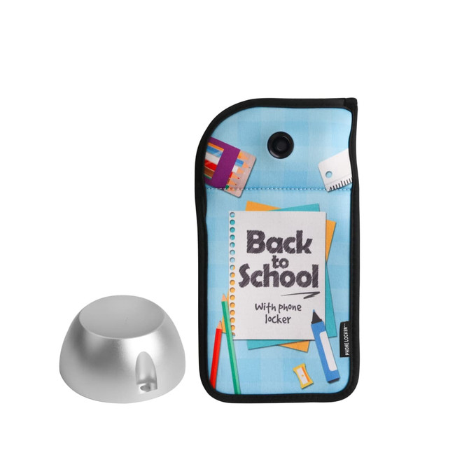 A blue lockable phone pouch with a school-themed design and a silver stand beside it.