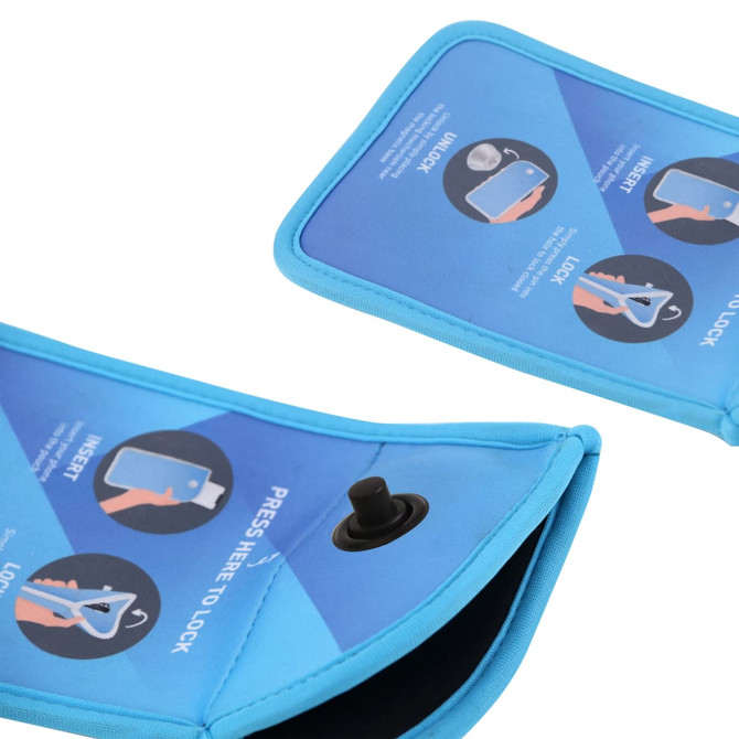 A blue lockable phone pouch with a secure button and instructional design featuring various graphic elements.