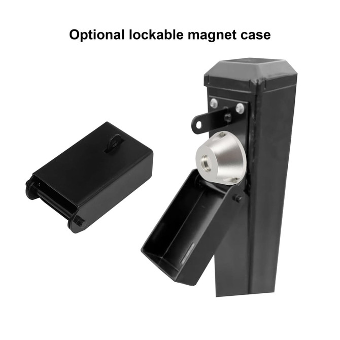 A lockable phone pouch in black with a silver magnetic base and a detachable case. Features a logo on the product.