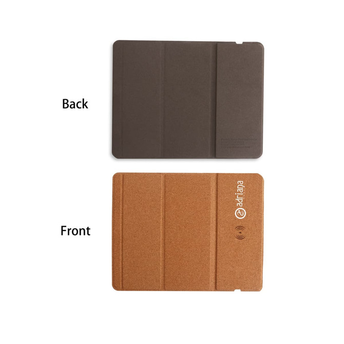 A foldable cork wireless charger in brown with a textured front surface and a smooth back, featuring branding. A foldable cork wireless charger in brown with a textured front surface and a smooth back, featuring branding.