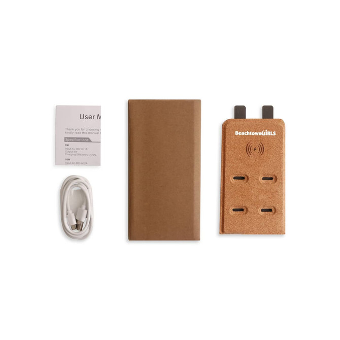 A 10W stand cork wireless charger in brown with a user manual and a white charging cable. A 10W stand cork wireless charger in brown with a user manual and a white charging cable.