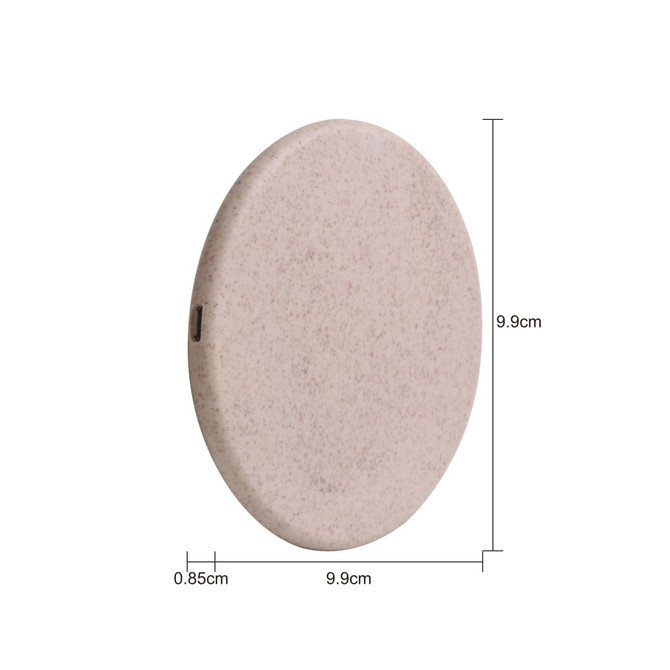 A round, beige wireless charger made from wheat straw, featuring a logo and dimensions displayed. A round, beige wireless charger made from wheat straw, featuring a logo and dimensions displayed.