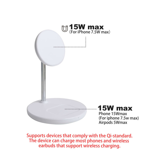 A white MagSafe 2-in-1 wireless charger with a circular charging pad and a stand for phone and earbuds. A white MagSafe 2-in-1 wireless charger with a circular charging pad and a stand for phone and earbuds.