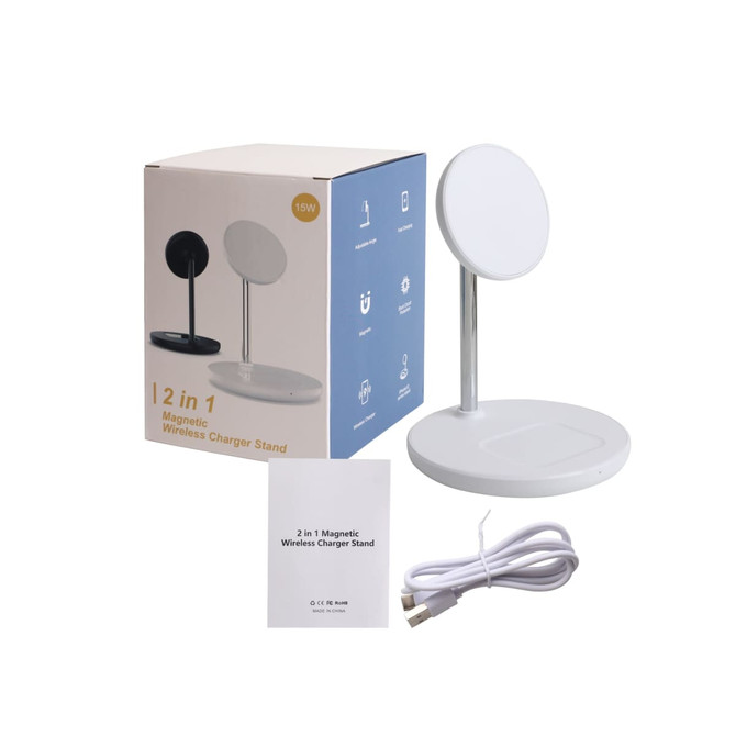 A 2-in-1 wireless charger in white, featuring a magnetic charging stand, box, and charging cable. A 2-in-1 wireless charger in white, featuring a magnetic charging stand, box, and charging cable.