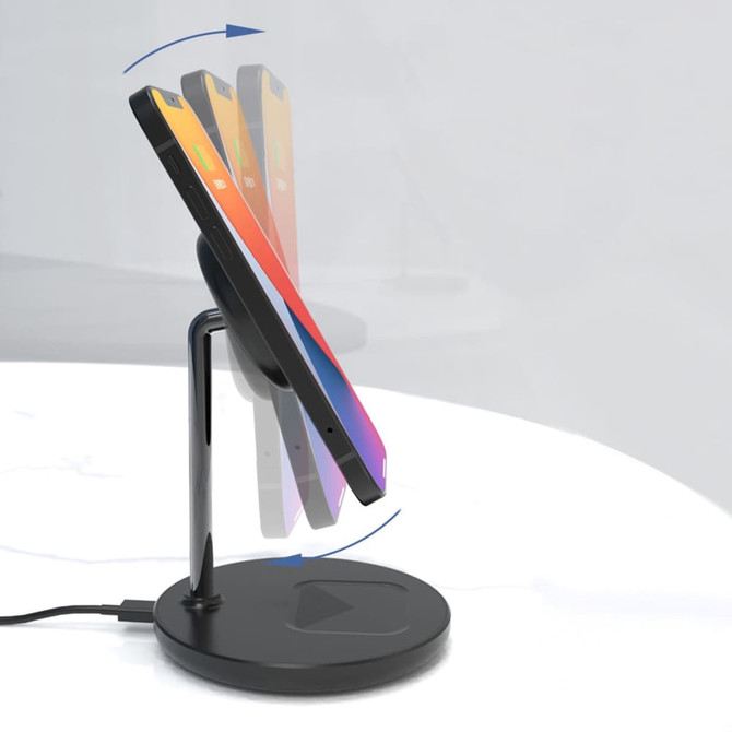 A black MagSafe 2-In-1 wireless charger with an adjustable stand, displaying smartphones at different angles. A black MagSafe 2-In-1 wireless charger with an adjustable stand, displaying smartphones at different angles.