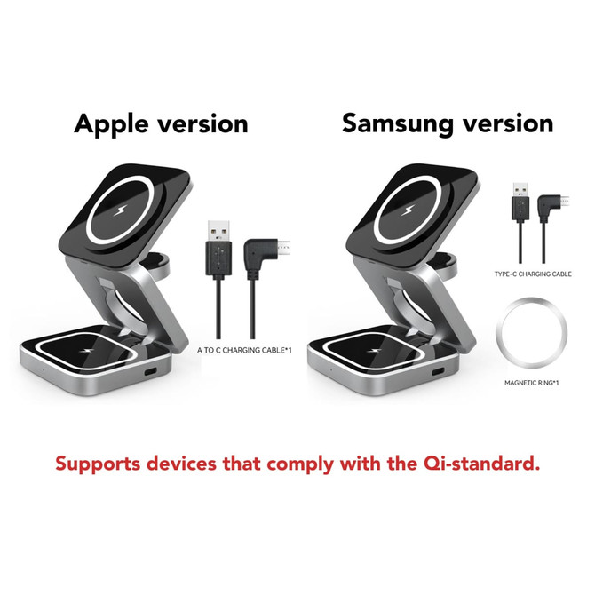 A foldable wireless charger stand in black and silver, compatible with Apple and Samsung devices, featuring a logo. A foldable wireless charger stand in black and silver, compatible with Apple and Samsung devices, featuring a logo.